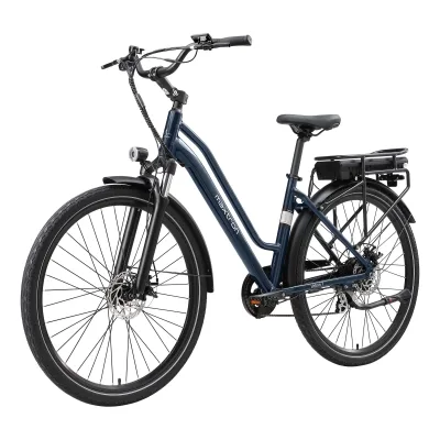 Vélo électrique urbain bleu ou beige, cadre bas